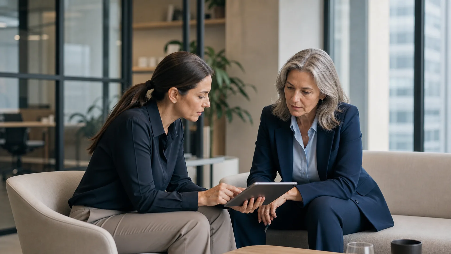 Executiva e consultora analisam informações em uma conversa estratégica.