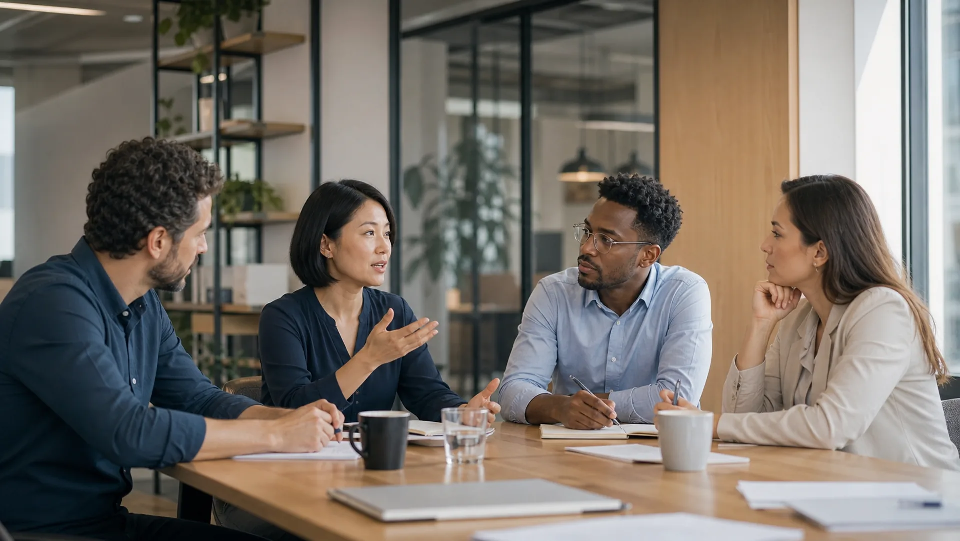 Equipe participa de uma conversa de escuta em ambiente corporativo.
